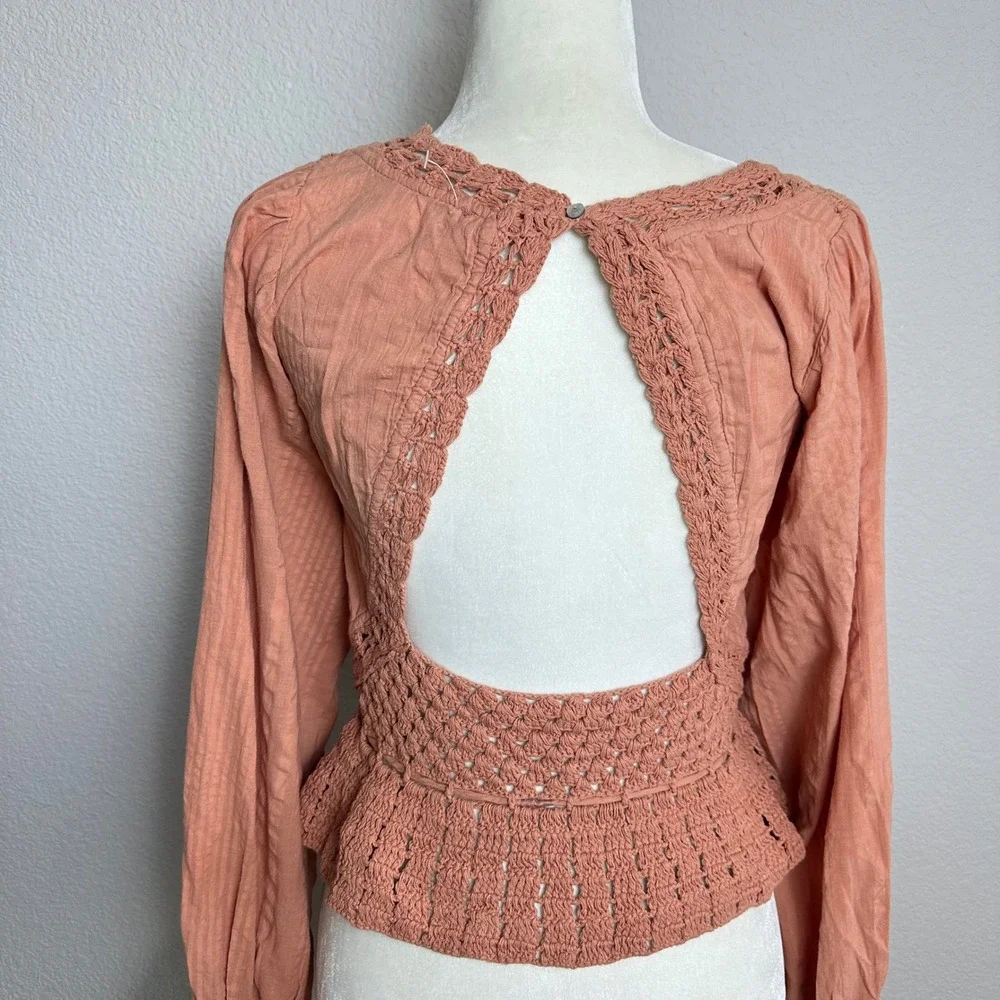 Free People Crochet Open Back Peplum Blouse Terracotta Peach Long Sleeve Top
